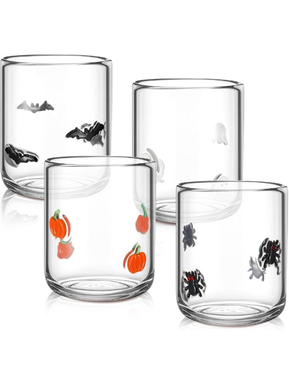 Halloween Icon Glass Cups Set - 4 Pcs, Pumpkin, Spider, Bat, Ghost, 16oz
